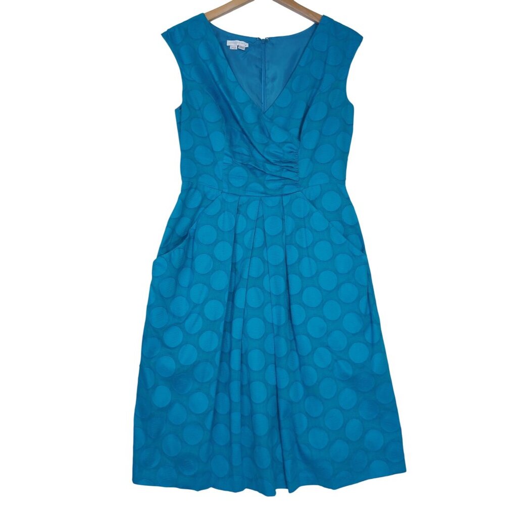 London Times Fit & Flare Dress Women 10 Blue Pockets Career Chic Retro Glam